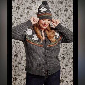 ModCloth You’ve Been‎ Ghosted Ghostly Fun Fair Isle Grandpa Cardigan Gray 1X